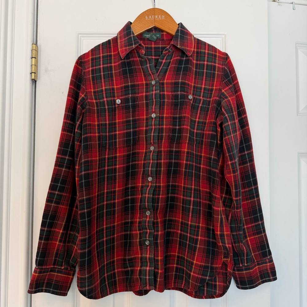 Ralph Lauren Woman’s S Red and Dark Green Plaid Flannel Shirt 100% Cotton